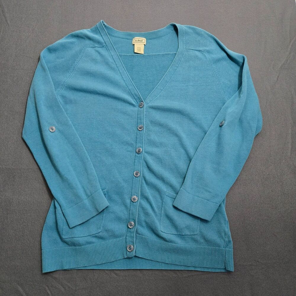 L.L. Bean Cardigan Women M Reg Blue Button Up Linen Blend Roll Tab Sleeves